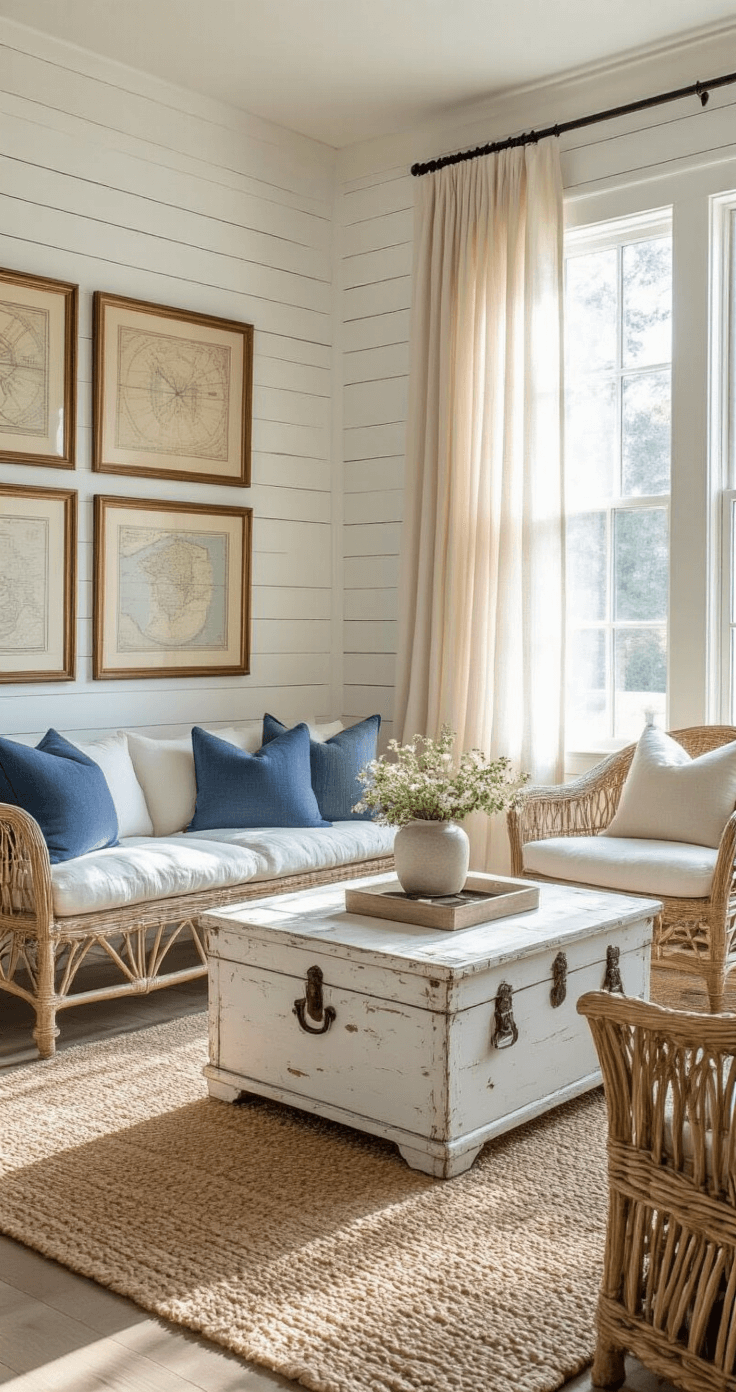 A sunlit living room featuring white shiplap walls, a weathered whitewashed coffee table, and a rattan armchair with blue cushions, all adorned with vintage nautical maps and a natural jute rug, captured in warm golden hour light.