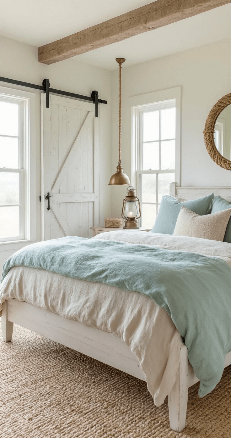 A serene master bedroom featuring a whitewashed wooden bed with rumpled seafoam blue and sandy beige linen bedding, an oversized antique brass lantern on the nightstand, and a rope-wrapped mirror reflecting light from twin windows, all set against a weathered coastal white barn door, captured in soft morning light.