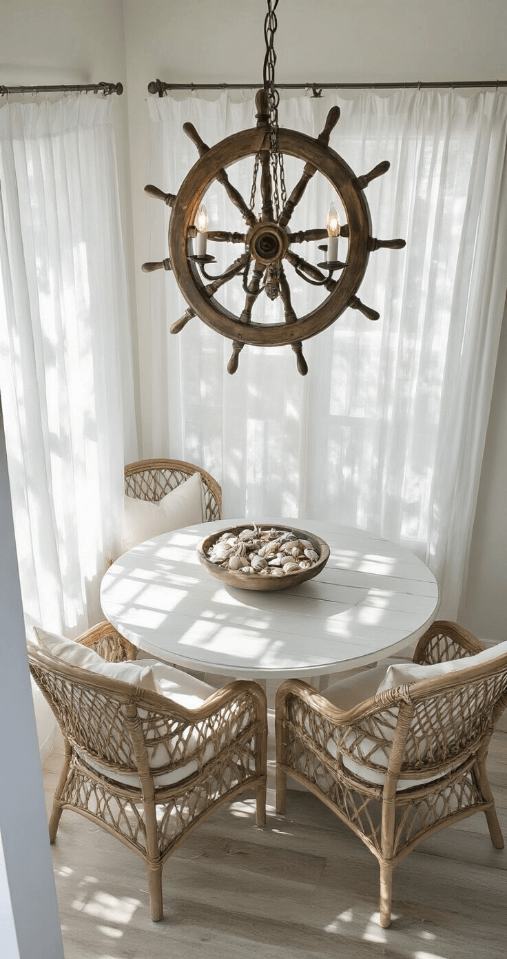 A serene breakfast nook featuring a round whitewashed table under a vintage ship wheel chandelier, surrounded by two curved rattan chairs with cream cushions. A driftwood bowl filled with shells serves as the centerpiece, while morning light casts dramatic shadows through sheer curtains in a maritime color palette of whites, grays, and soft blues, captured from above at a 45-degree angle.