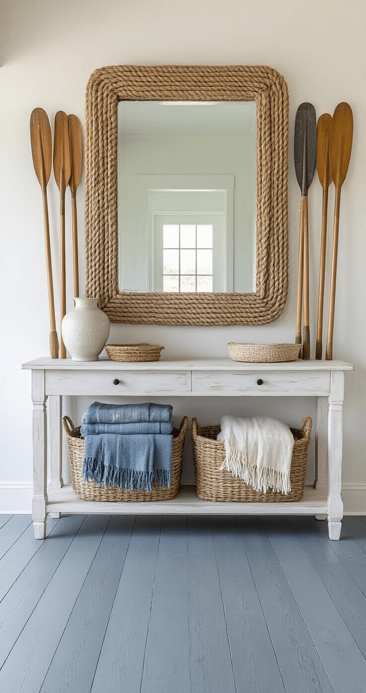 A symmetrical coastal entry foyer featuring a whitewashed console table under a large rope-framed mirror, vintage oars arranged vertically, weathered blue-gray painted floors, and a seagrass basket with rolled beach blankets.