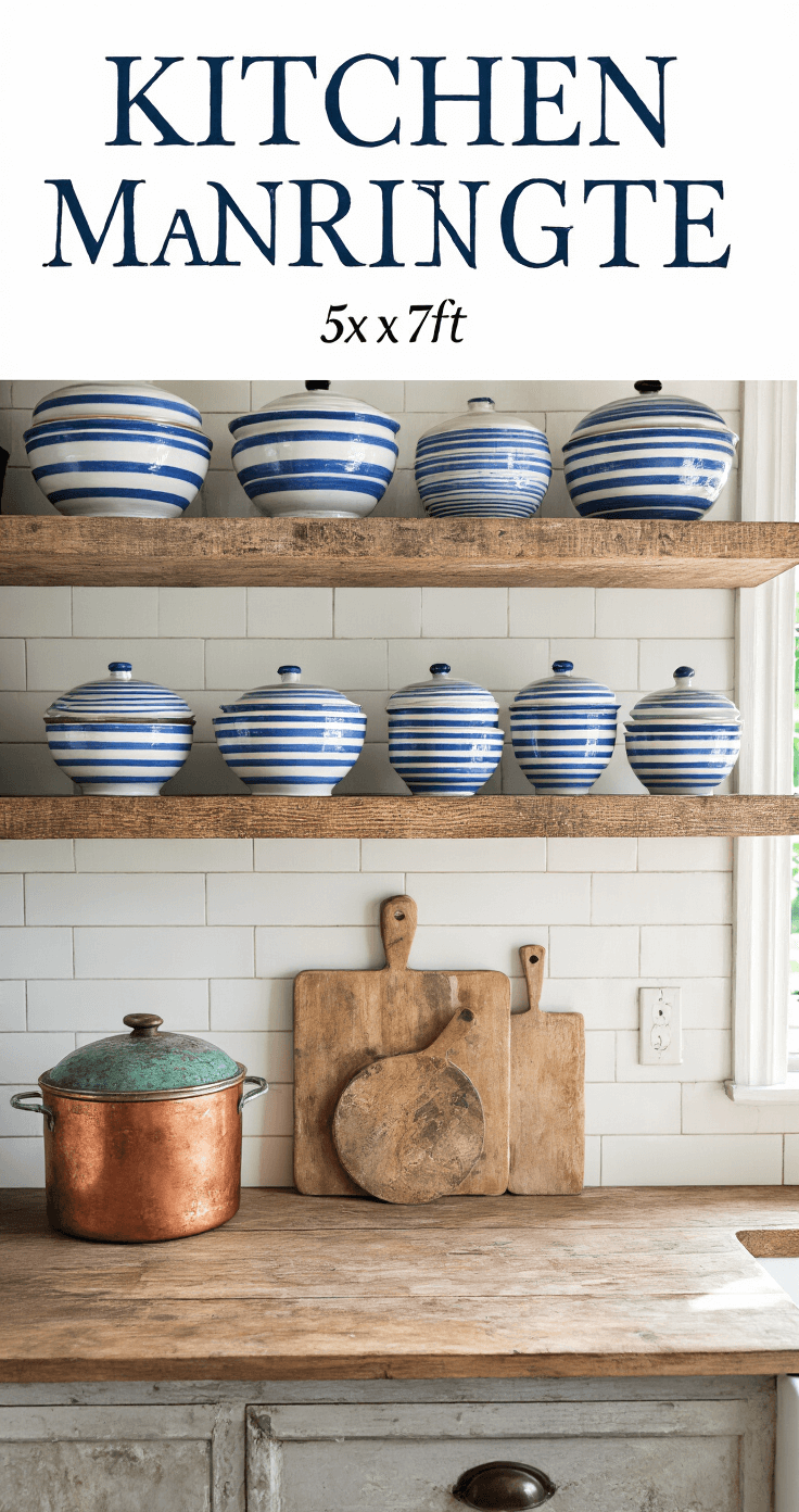 A cozy kitchen vignette showcasing open shelving made from reclaimed boat wood, displaying vintage blue and white striped pottery, with copper pots featuring a verdigris patina. Worn cutting boards are propped against a subway tile backsplash, all bathed in soft morning light, emphasizing textural details.