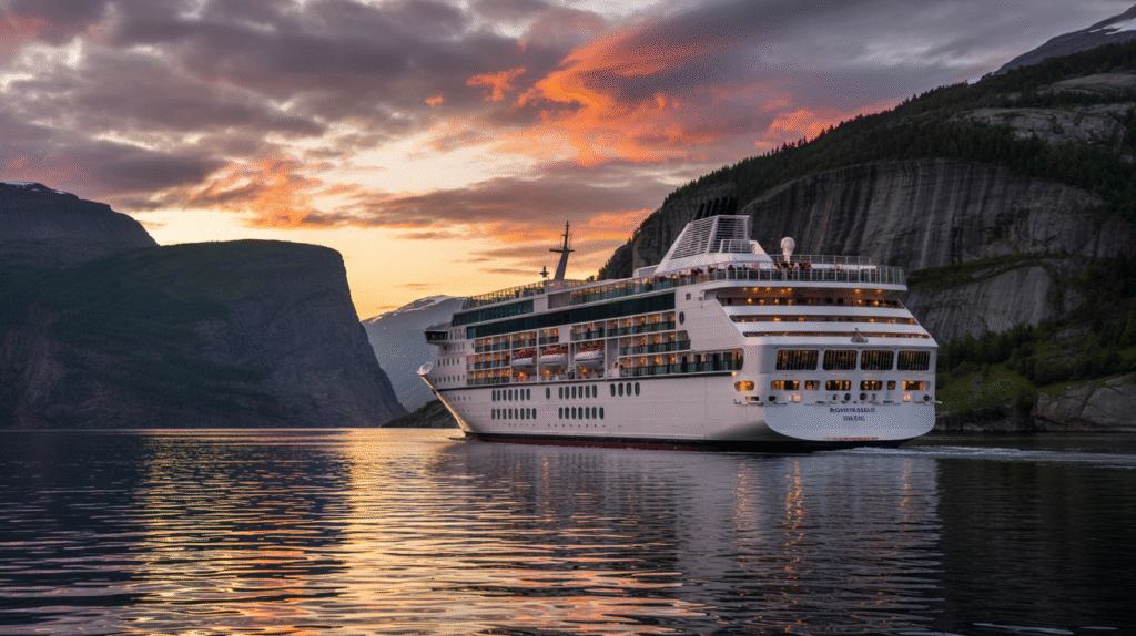 Discover the Marvels of the Grand Fjords & Legendary Viking Shores: Your 35-Night Cruise Adventure luxury cruise ship gliding through Norwegian fjords