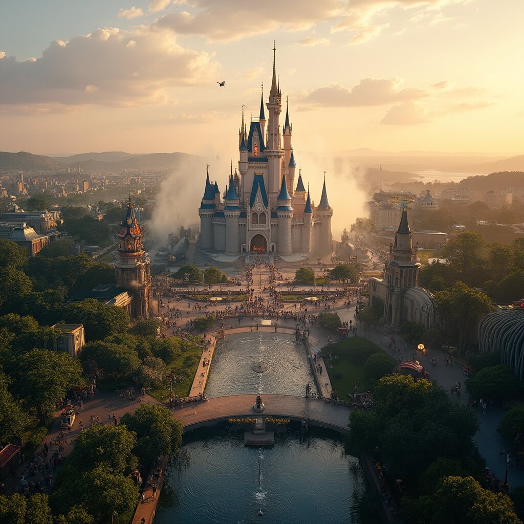 Aerial view of Magic Kingdom with Cinderella Castle at golden hour