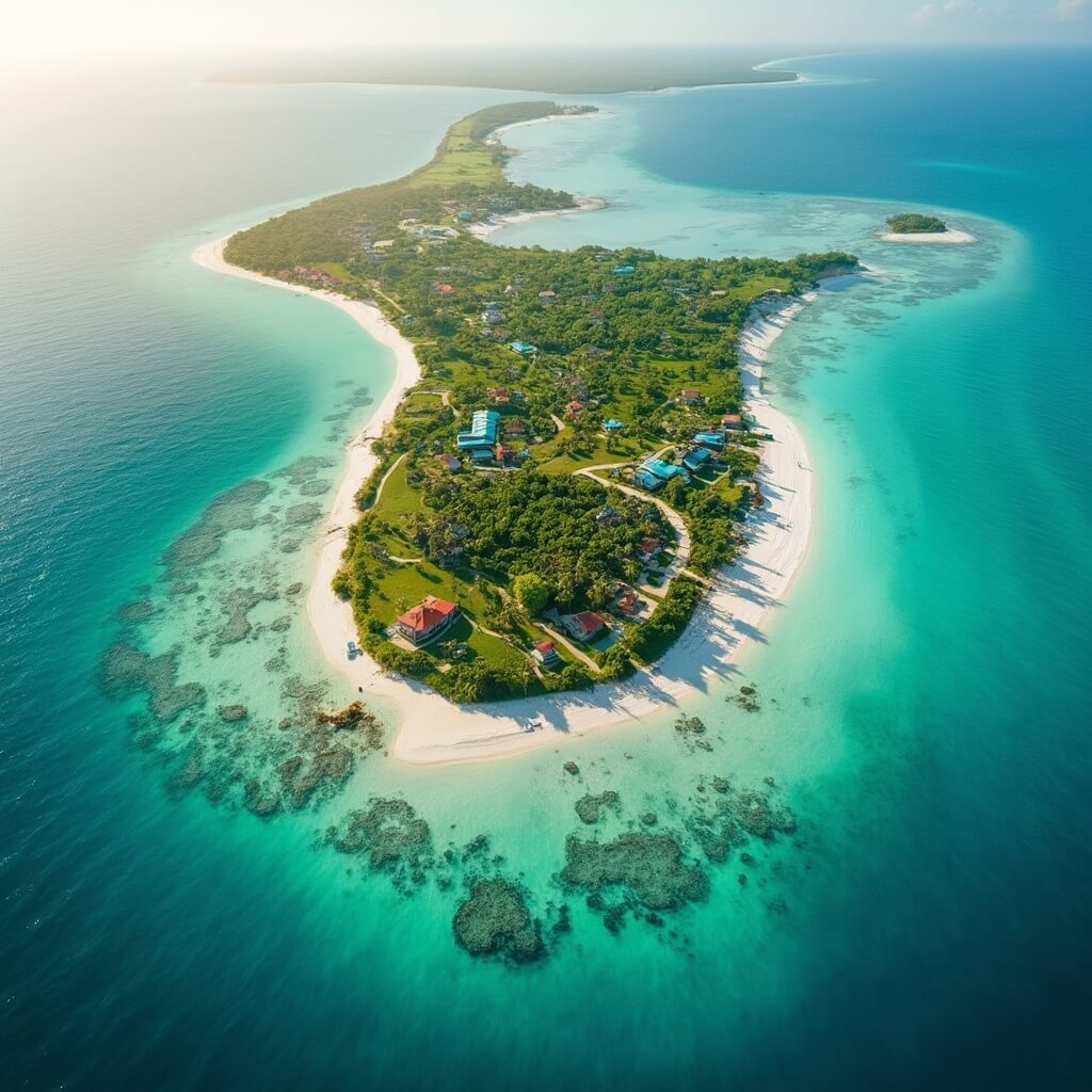 Aerial drone view of Anna Maria Island showing turquoise waters, lush green landscapes, white sandy beaches, small colorful buildings and boats, and complex coastline geography in golden sunlight