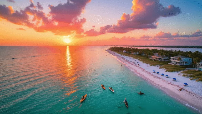 "Aerial sunset view of Anna Maria Island, with turquoise Gulf of Mexico and Tampa Bay waters meeting at Bean Point, kayakers and dolphins visible in water, beach umbrellas and beach houses along white sandy shore, framed by palm trees and a trolley on the coastal road."