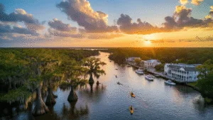 "Aerial view of Apalachicola at sunset with cypress trees, vibrant forests, Victorian buildings, kayakers, oyster boats, and dolphins, emphasizing its wilderness, water, and history"