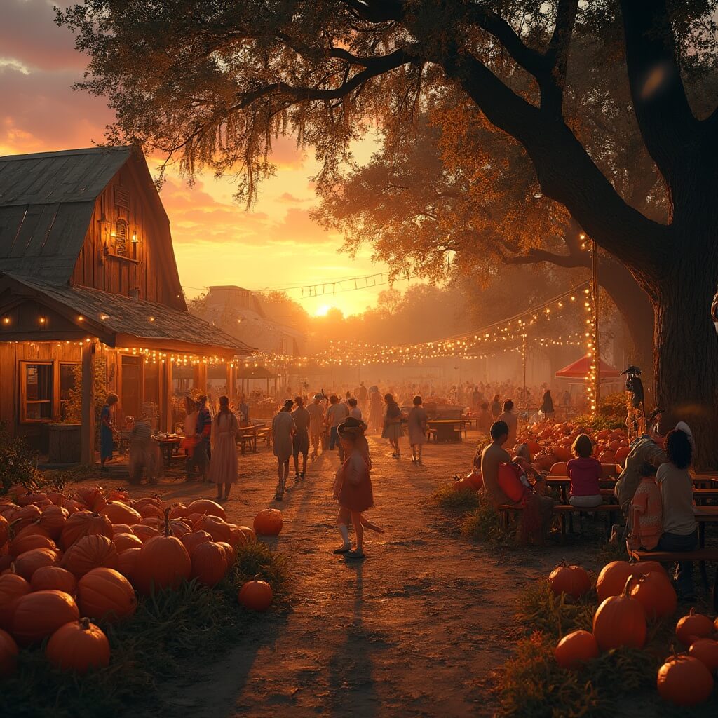 Children participating in fall farm festival activities at sunset amidst rustic barns adorned with string lights, glowing pumpkin patches and hay bales in warm evening light, with parents watching from picnic tables under oak trees draped with Spanish moss.
