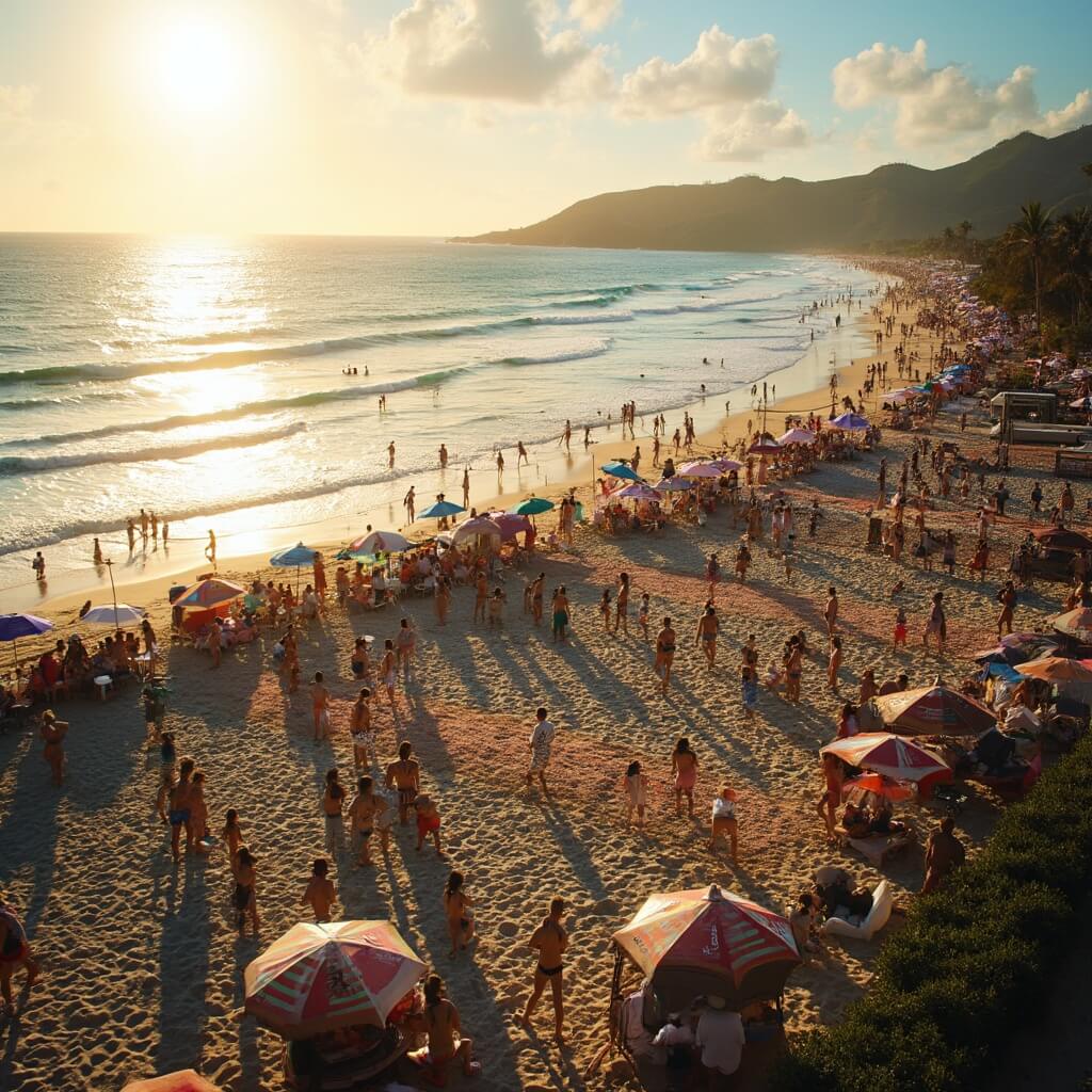 Beach volleyball tournament at sunset with players, spectators, colorful umbrellas, clear ocean, golden sand, palm trees and long shadows