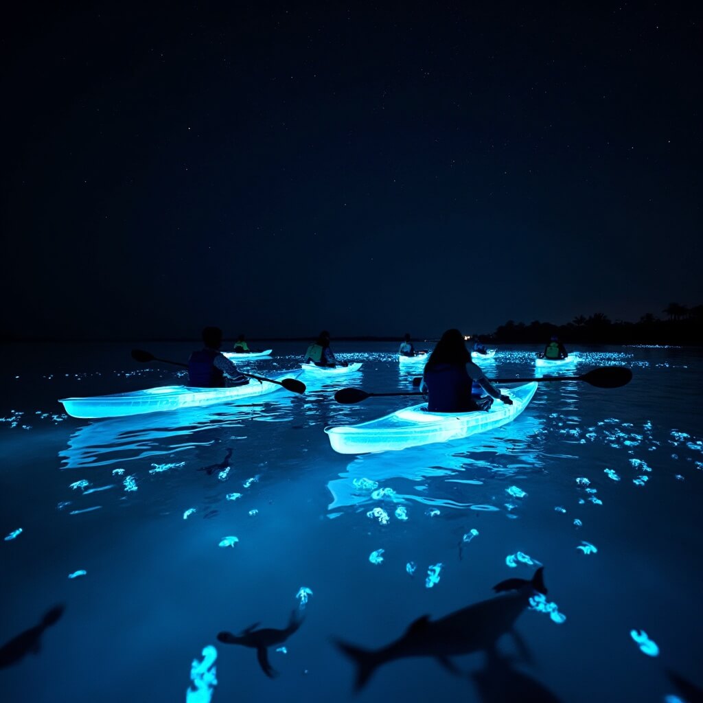 LED-illuminated kayaks cruising in bioluminescent waters under a star-filled night sky in Key West, revealing underwater marine life