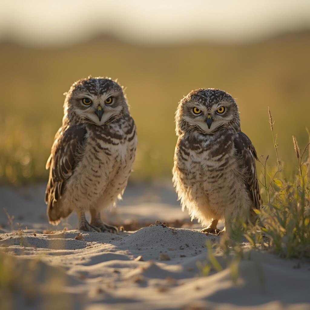 Close-up of burrowing owls near ground burrows in Florida's sandy and grassy ecosystem, detailed view of feather textures and expressive faces in soft morning light