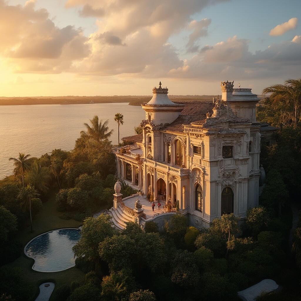 Aerial view of Ca' d'Zan Mansion featuring intricate Mediterranean architecture, golden sunset light, tropical landscaping and Sarasota Bay in the background under a dramatic sky