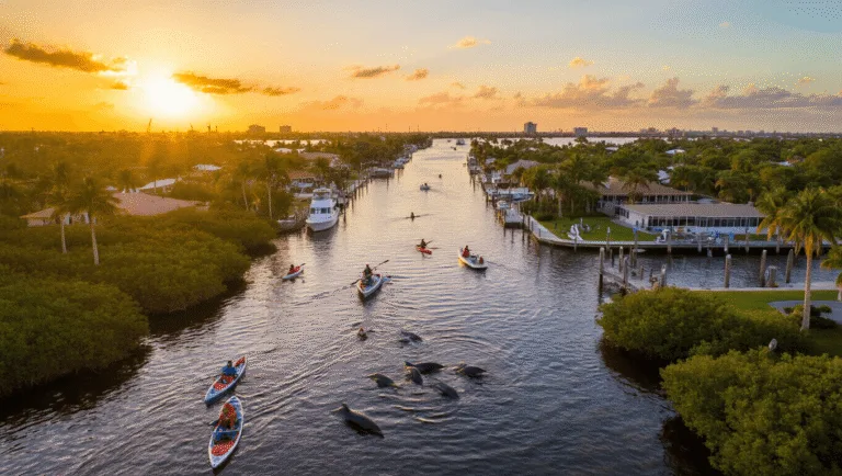 "Aerial view of Cape Coral's canal system at sunset with various activities including kayaking, dolphins swimming, and owls nesting; Yacht Club Park and pier visible in the distance."