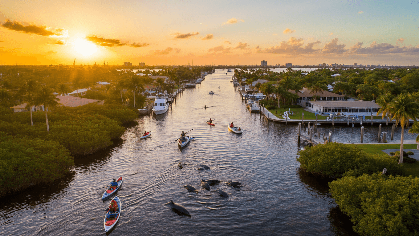 "Aerial view of Cape Coral's canal system at sunset with various activities including kayaking, dolphins swimming, and owls nesting; Yacht Club Park and pier visible in the distance."