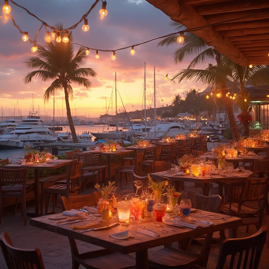 Waterfront restaurant terrace with string lights, wooden deck tables serving fresh seafood and craft cocktails, overlooking Cape Harbour marina with luxury yachts at sunset, under a sky filled with hues of orange and purple