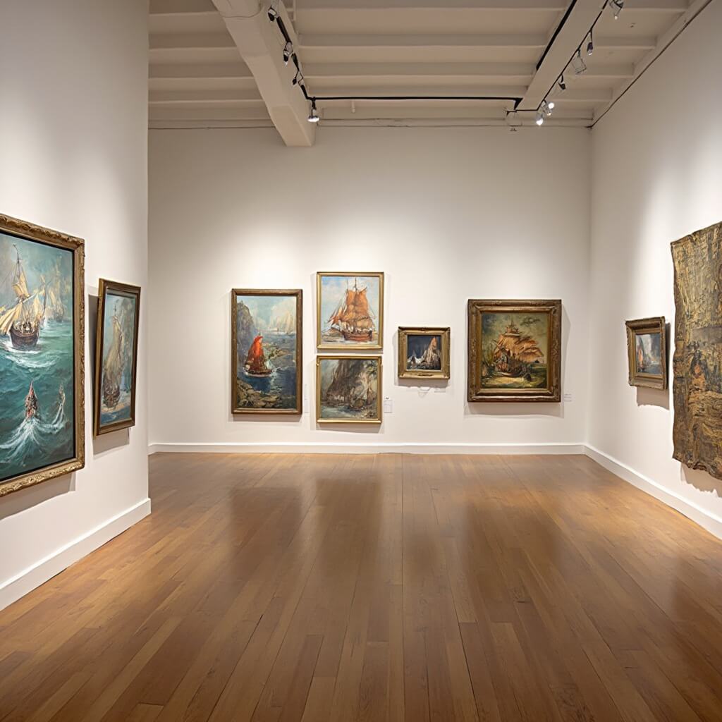 Caribbean-influenced art displayed in an elegant gallery with wooden floors and white walls, featuring a blend of contemporary and traditional paintings, colorful maritime-inspired visuals, and hints of Cuban and maritime history.