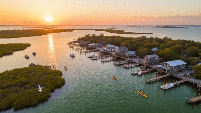 "Sunset view of Cedar Key with aerial shot of docks, fishing boats, kayakers, birds in flight, historic waterfront buildings, and distant wildlife refuge islands, capturing vintage Old Florida charm."