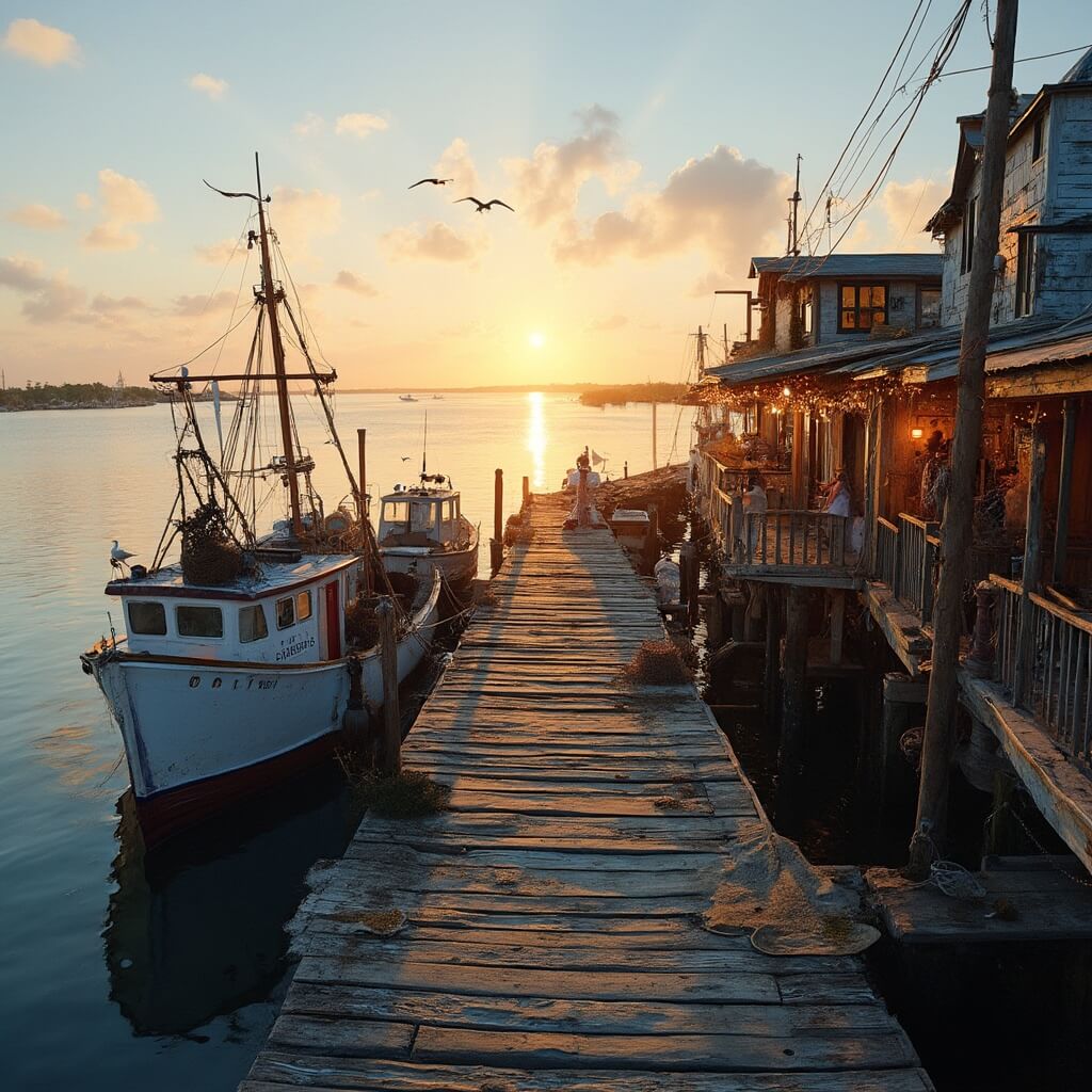 Sundown at Cedar Key with weathered docks, rustic fishing boats, seafood restaurants, and fishing equipment, under a golden light with seabirds flying overhead