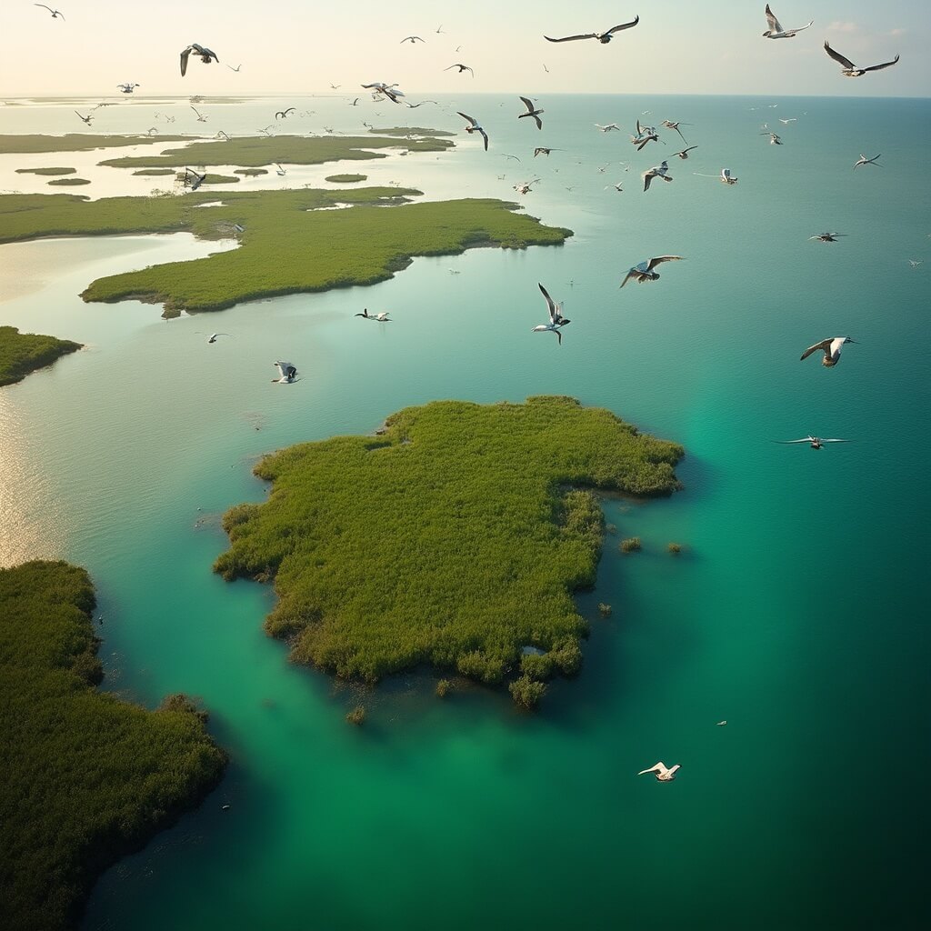 Panoramic aerial view of lush green Cedar Key wildlife refuge islands surrounded by turquoise waters with various bird species in flight during golden hour, detailing mangrove edges and pristine natural environment