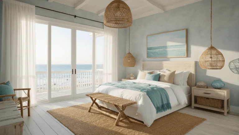 A serene coastal bedroom bathed in golden hour light, featuring a king-sized bed with white linens and seafoam blue throws, sheer linen curtains, whitewashed oak floors, and decorative driftwood accents, all captured in a soft, cinematic style.