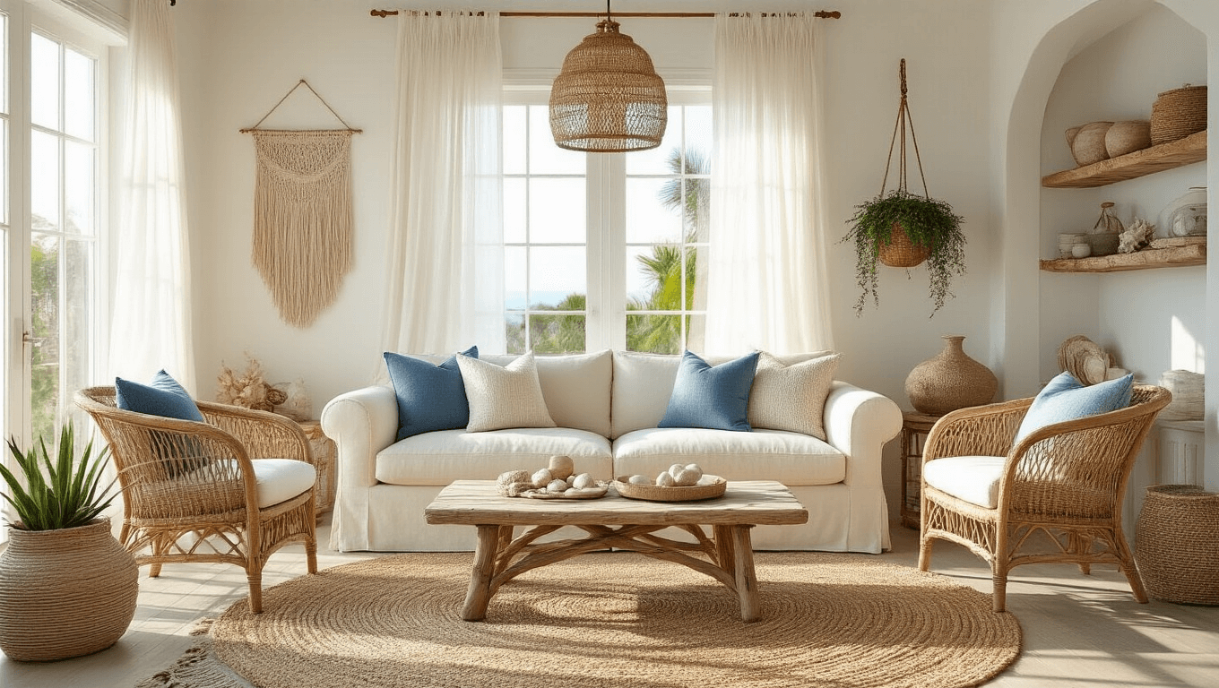 Photorealistic coastal bohemian living room featuring a cream linen sofa, rattan armchairs, driftwood coffee table, and oversized jute rug, bathed in golden hour sunlight with sheer white curtains and macramé wall hangings.
