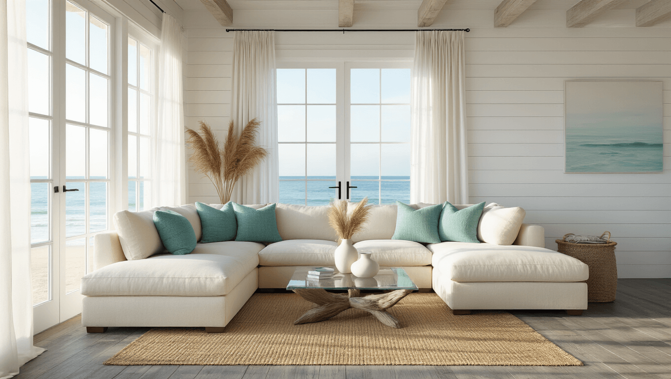 A sunlit coastal living room featuring a cream linen sectional sofa with seafoam and blue pillows, a driftwood coffee table with pampas grass, white shiplap walls, and woven pendant lights, all bathed in warm, natural light during golden hour.