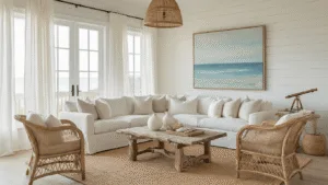 Photorealistic interior of a sunlit coastal living room at golden hour, featuring tall windows with sheer curtains, an ivory slipcovered sofa, driftwood coffee table, rattan armchairs, and a jute rug over oak floors, adorned with coral decor, an abstract seascape painting, a brass telescope, and a fiddle leaf fig, all illuminated by warm light and intricate shadows.