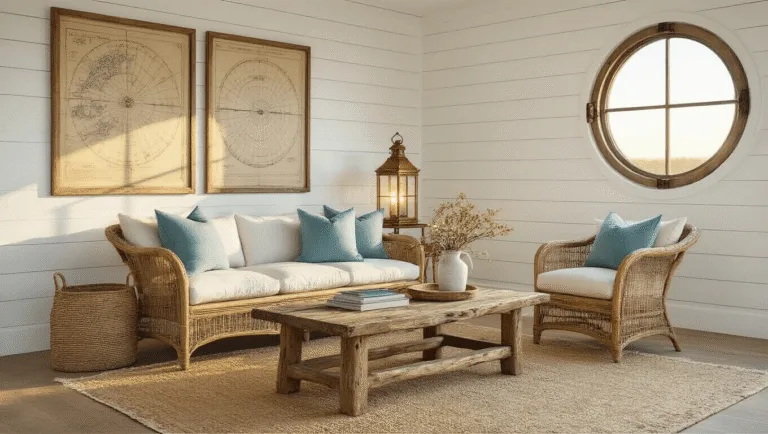 A sun-drenched coastal living room with white shiplap walls, a weathered driftwood coffee table, oversized rattan armchair, vintage brass lantern, and an inviting atmosphere during golden hour.