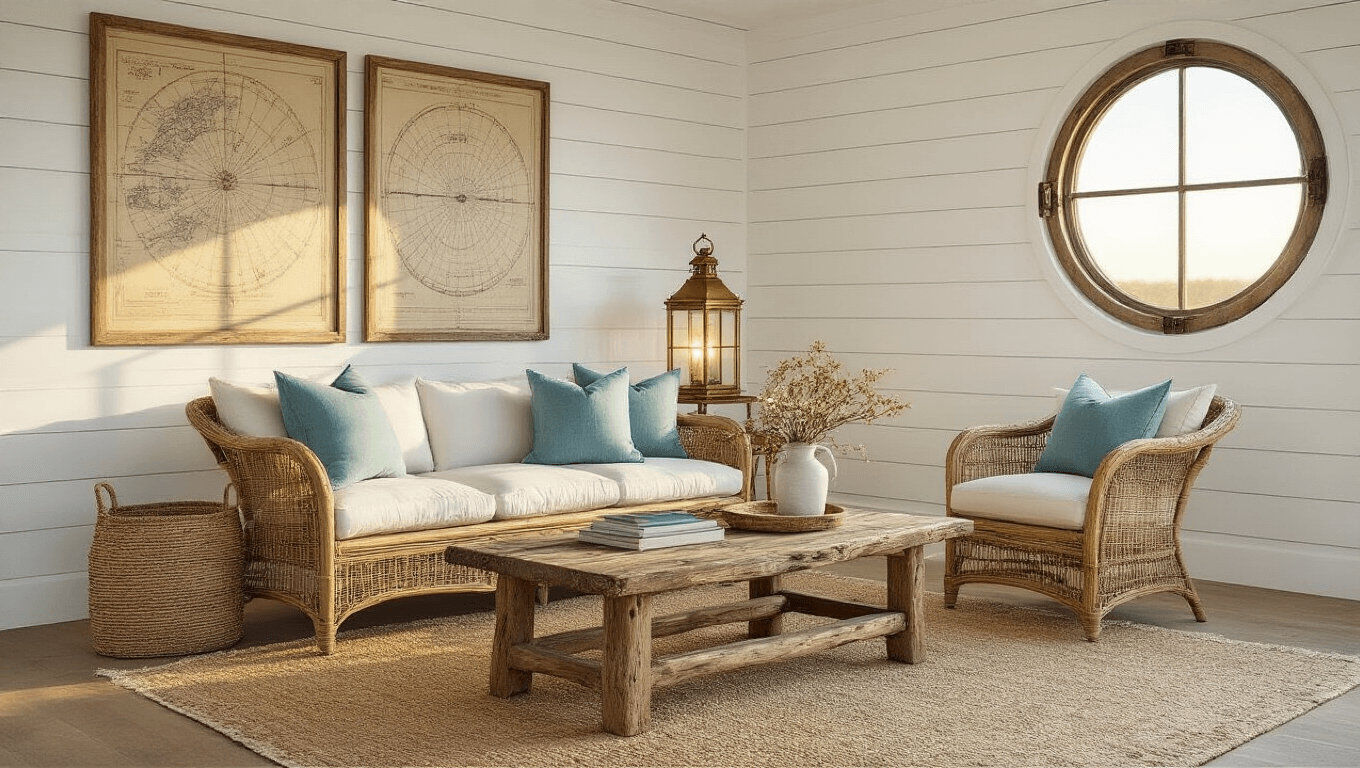 A sun-drenched coastal living room with white shiplap walls, a weathered driftwood coffee table, oversized rattan armchair, vintage brass lantern, and an inviting atmosphere during golden hour.