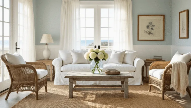 A sunlit coastal living room featuring a white slipcovered sofa, weathered rattan armchairs, and a driftwood coffee table with white hydrangeas, bathed in warm golden hour light.