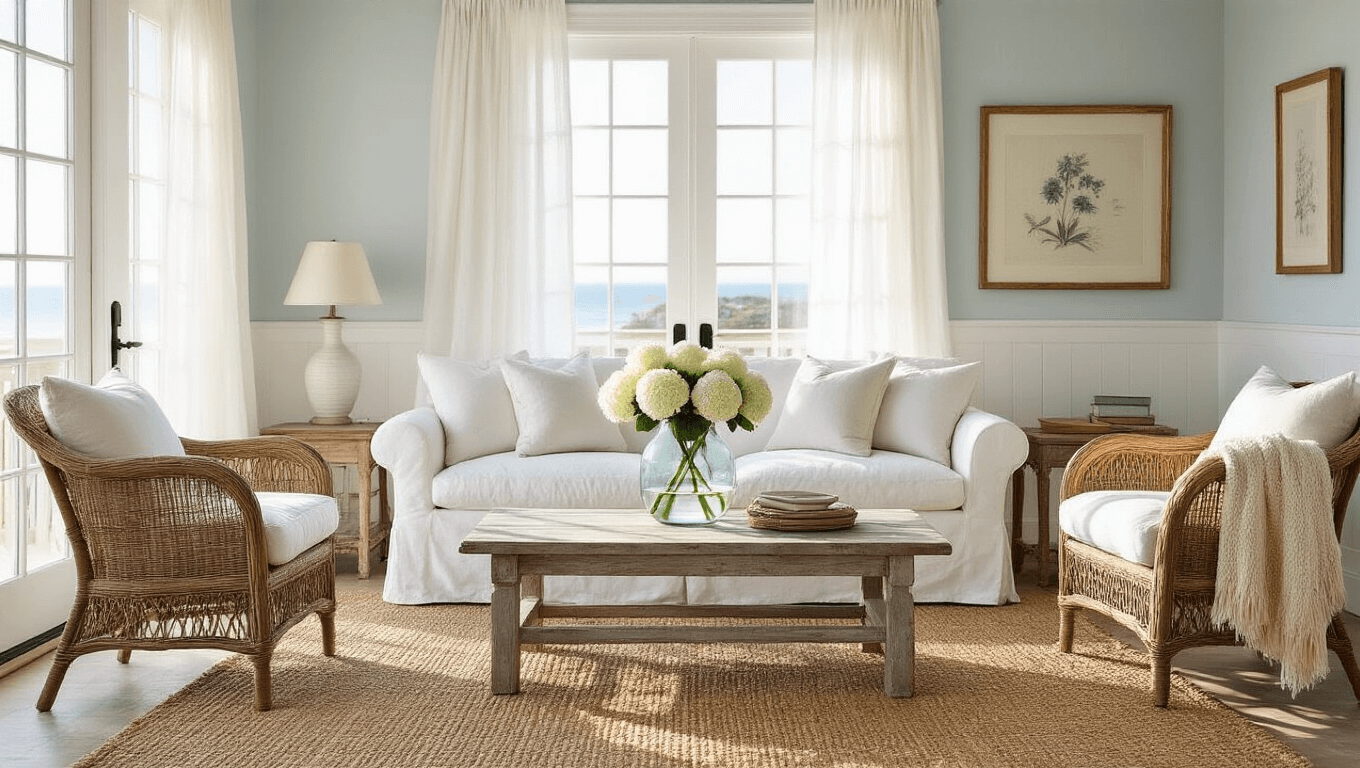 A sunlit coastal living room featuring a white slipcovered sofa, weathered rattan armchairs, and a driftwood coffee table with white hydrangeas, bathed in warm golden hour light.