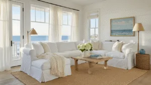 A serene coastal living room featuring airy white furnishings, sheer curtains, and ocean views, adorned with natural textures and a muted color palette, captured in soft golden hour lighting.