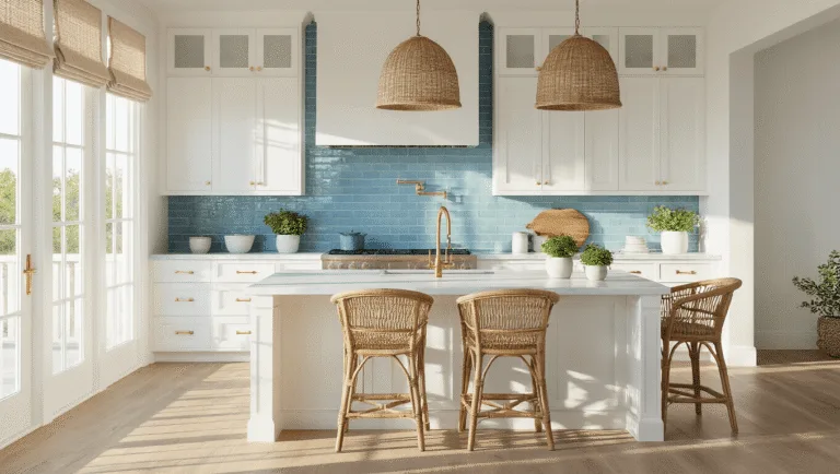 A sunlit coastal kitchen featuring white shaker cabinets, a quartzite waterfall island, and natural rattan barstools, accented by sea-glass blue tiles and woven pendant lights, with potted herbs and vintage glass bottles enhancing the serene atmosphere.