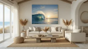 Photorealistic coastal living room featuring a vaulted ceiling, sand beige linen sofa, driftwood coffee table, and ocean wave canvas art, illuminated by golden hour sunlight filtering through white gauzy curtains.