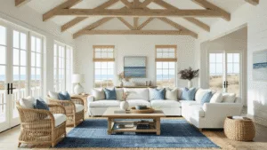A sun-drenched coastal living room with white-planked cathedral ceilings, exposed oak beams, an ivory linen sectional, rattan chairs, and a driftwood coffee table, illuminated by natural light filtering through large windows, featuring ocean-themed decor and a capiz shell chandelier.