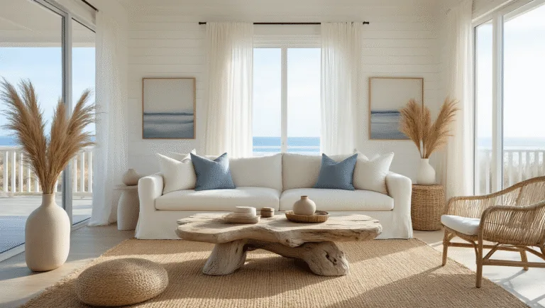 Photorealistic interior of a coastal modern living room featuring a cream linen slipcovered sofa, a jute rug, and an asymmetrical driftwood coffee table, bathed in soft natural sunlight from floor-to-ceiling windows, with textured pillows and minimal coastal artwork, creating a serene ambiance.
