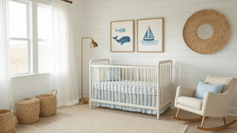 A serene coastal nursery with shiplap walls and oak flooring, featuring a weathered crib with ocean-patterned bedding, a plush rocking chair, and soft natural light creating a dreamy atmosphere.