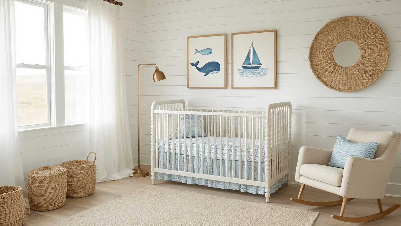 A serene coastal nursery with shiplap walls and oak flooring, featuring a weathered crib with ocean-patterned bedding, a plush rocking chair, and soft natural light creating a dreamy atmosphere.