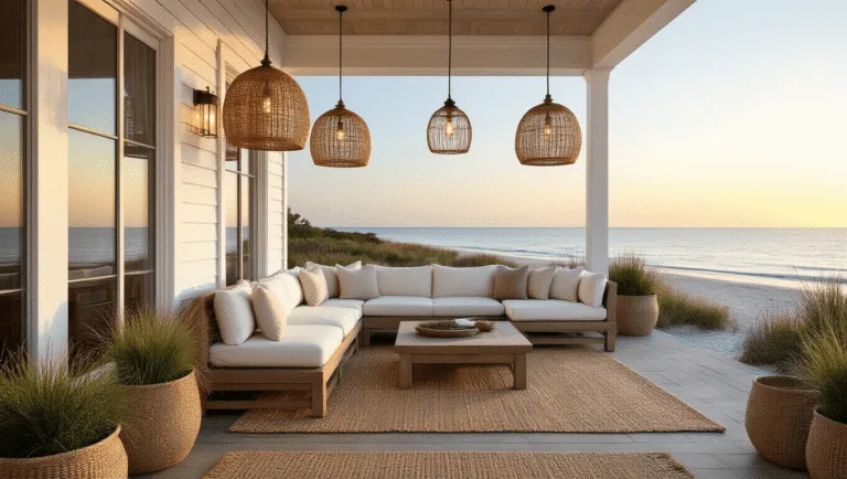 Luxurious beachfront patio at golden hour, featuring weathered teak sectional, ivory cushions, layered jute rugs, oversized rattan pendant lights, seagrass planters, sheer white curtains, and vintage brass lanterns, with ocean waves softly visible in the background.