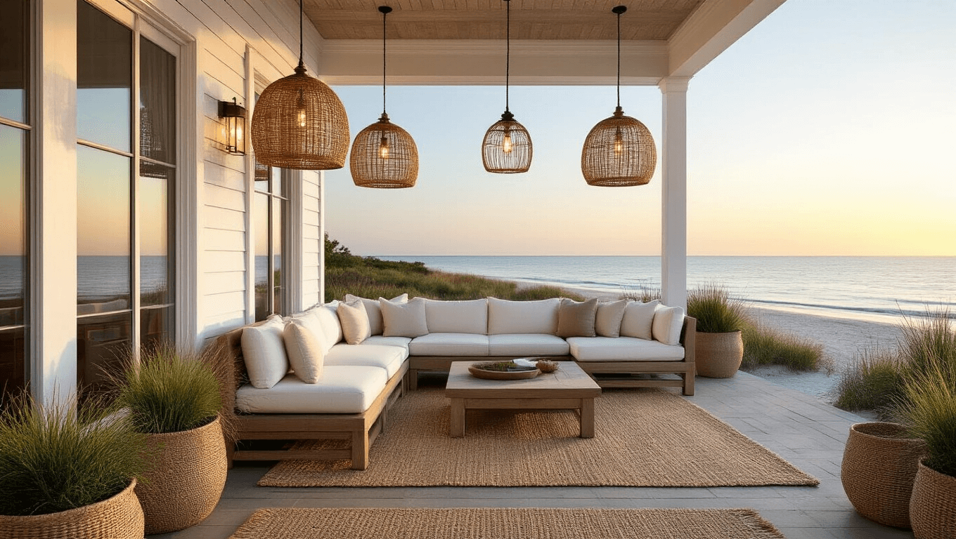 Luxurious beachfront patio at golden hour, featuring weathered teak sectional, ivory cushions, layered jute rugs, oversized rattan pendant lights, seagrass planters, sheer white curtains, and vintage brass lanterns, with ocean waves softly visible in the background.