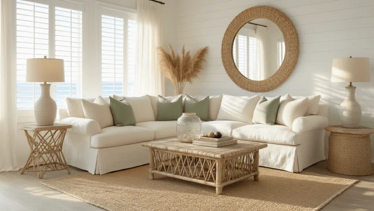 Photorealistic image of a sunlit coastal living room featuring a cream L-shaped linen sofa, layered rugs, a driftwood coffee table, and a large rattan-framed mirror, with soft colors and minimal coastal decor.