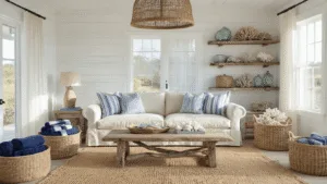 Photorealistic interior of a sun-drenched coastal living room with white shiplap walls, a plush oatmeal linen slip-covered sofa with blue and white striped pillows, and a weathered driftwood coffee table. Natural jute rugs, vintage glass fishing floats, and weathered coral adorn reclaimed wood shelves. Large windows with gauzy curtains allow soft morning light to filter in, highlighting seagrass baskets with navy throws. A rope-wrapped chandelier hangs above distressed teak side tables and a woven rattan chair, styled in a coastal palette of blues, beiges, and whites.