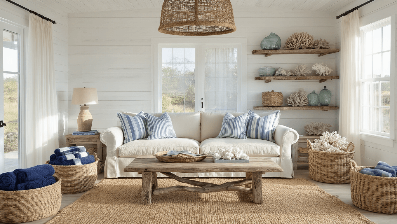 Photorealistic interior of a sun-drenched coastal living room with white shiplap walls, a plush oatmeal linen slip-covered sofa with blue and white striped pillows, and a weathered driftwood coffee table. Natural jute rugs, vintage glass fishing floats, and weathered coral adorn reclaimed wood shelves. Large windows with gauzy curtains allow soft morning light to filter in, highlighting seagrass baskets with navy throws. A rope-wrapped chandelier hangs above distressed teak side tables and a woven rattan chair, styled in a coastal palette of blues, beiges, and whites.