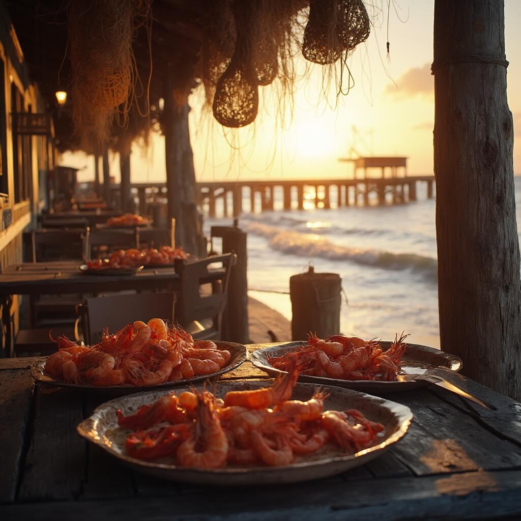 Tranquil seafood restaurant on wooden dock at sunset, fresh shrimp on rustic plates, fishing nets and Gulf Coast waters in background