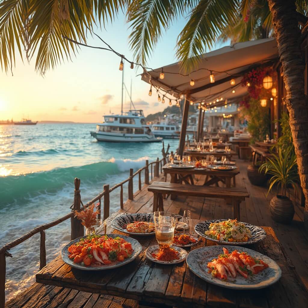 Waterfront restaurant terrace during golden hour, with string lights illuminating rustic tables serving fresh seafood, overlooking turquoise waters and sailboats amidst palm trees