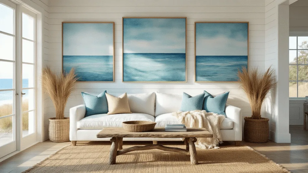 Photorealistic wide shot of a sunlit coastal living room featuring white shiplap walls with large watercolor seascapes, a driftwood coffee table on a jute rug, and cascading coastal grasses in woven baskets, all captured in soft golden hour lighting.