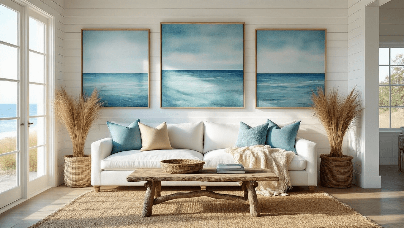 Photorealistic wide shot of a sunlit coastal living room featuring white shiplap walls with large watercolor seascapes, a driftwood coffee table on a jute rug, and cascading coastal grasses in woven baskets, all captured in soft golden hour lighting.