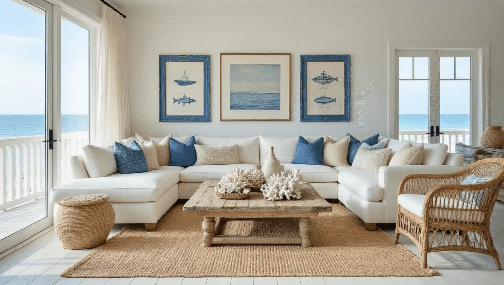 Cinematic wide-angle view of a luxurious coastal living room with floor-to-ceiling windows, featuring an ivory sectional, driftwood coffee table with coral and sea glass, layered jute rugs, maritime art, and airy curtains, all illuminated by soft golden hour sunlight.