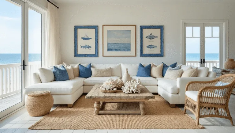 Cinematic wide-angle view of a luxurious coastal living room with floor-to-ceiling windows, featuring an ivory sectional, driftwood coffee table with coral and sea glass, layered jute rugs, maritime art, and airy curtains, all illuminated by soft golden hour sunlight.