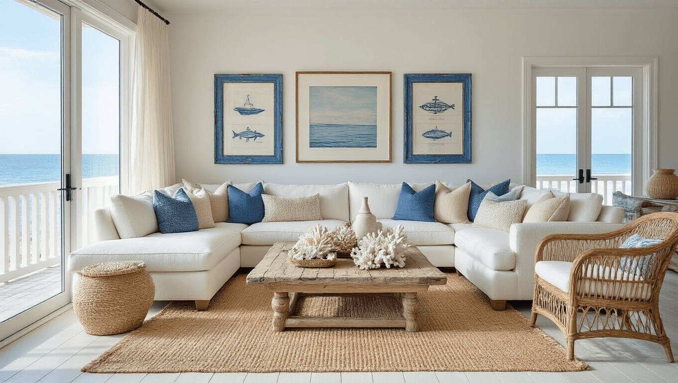 Cinematic wide-angle view of a luxurious coastal living room with floor-to-ceiling windows, featuring an ivory sectional, driftwood coffee table with coral and sea glass, layered jute rugs, maritime art, and airy curtains, all illuminated by soft golden hour sunlight.