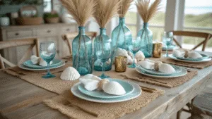 Coastal dining table setting on a weathered oak farmhouse table with aqua blue glassware and beach-inspired decor, captured in soft daylight during golden hour.